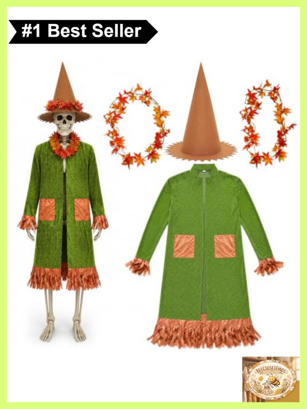 12Ft Skeleton Thanksgiving Scarecrow Costume Set Robe Hat Wreaths